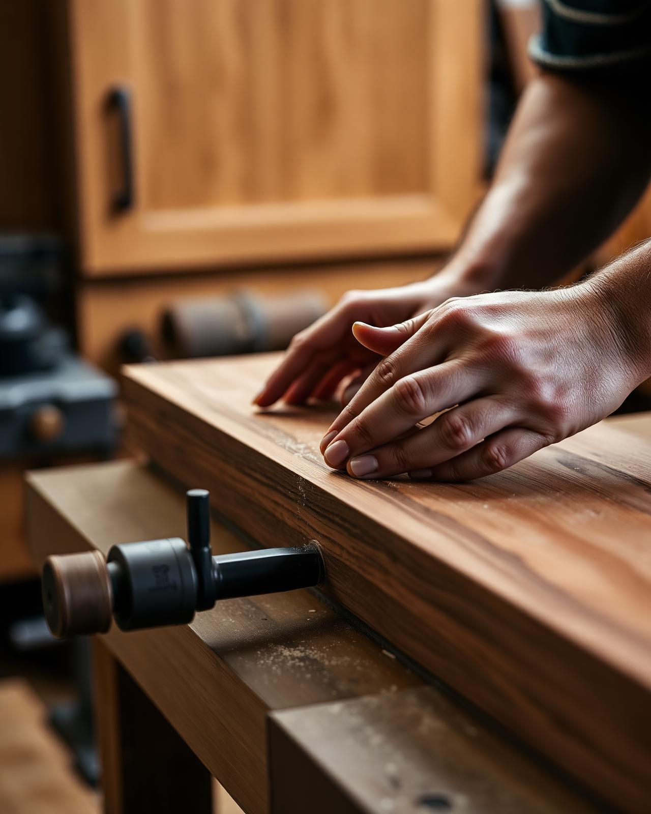 Craftsman finishing a walnut veneered wardrobe panel