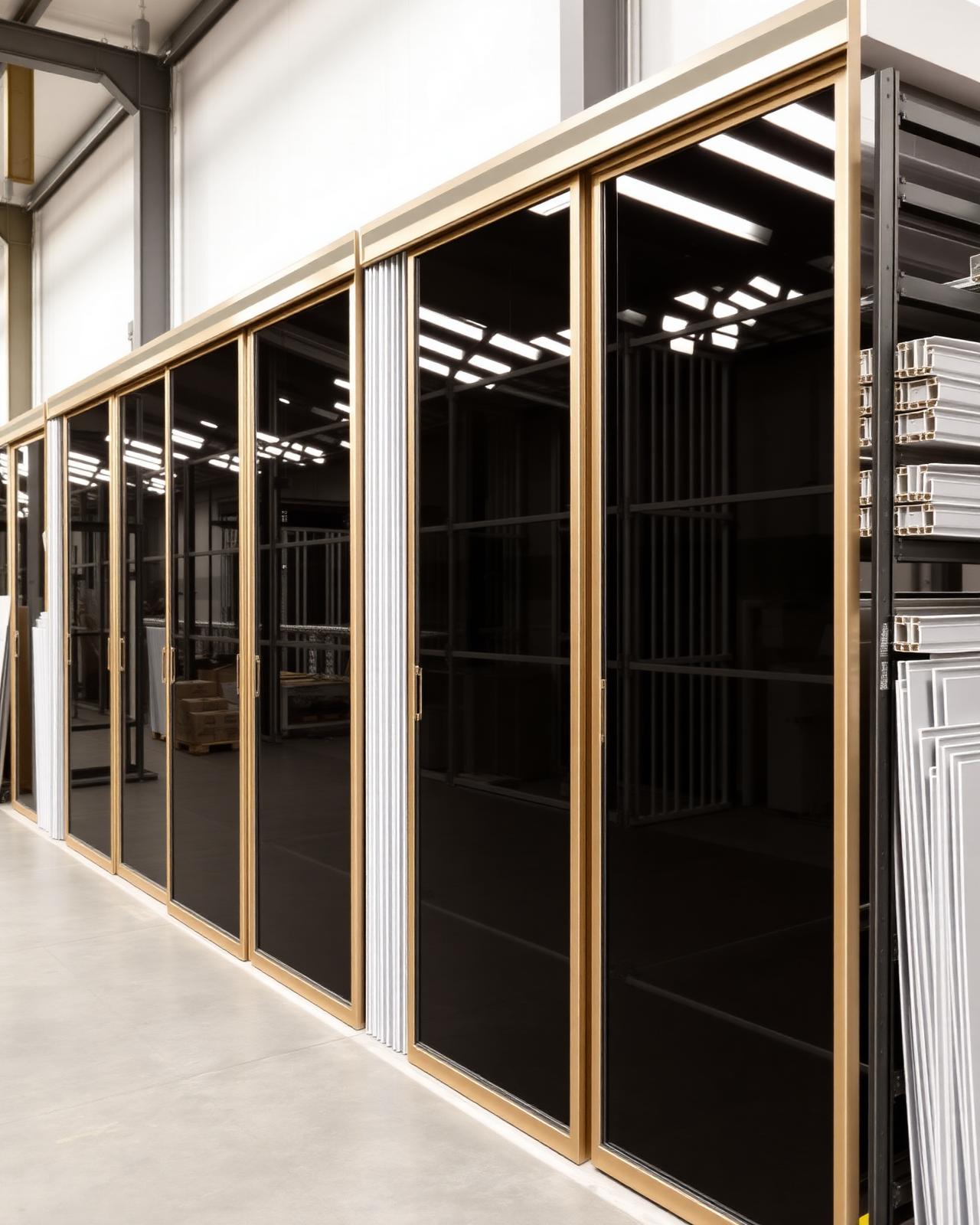 Aluminium sliding wardrobe door profiles stacked in factory