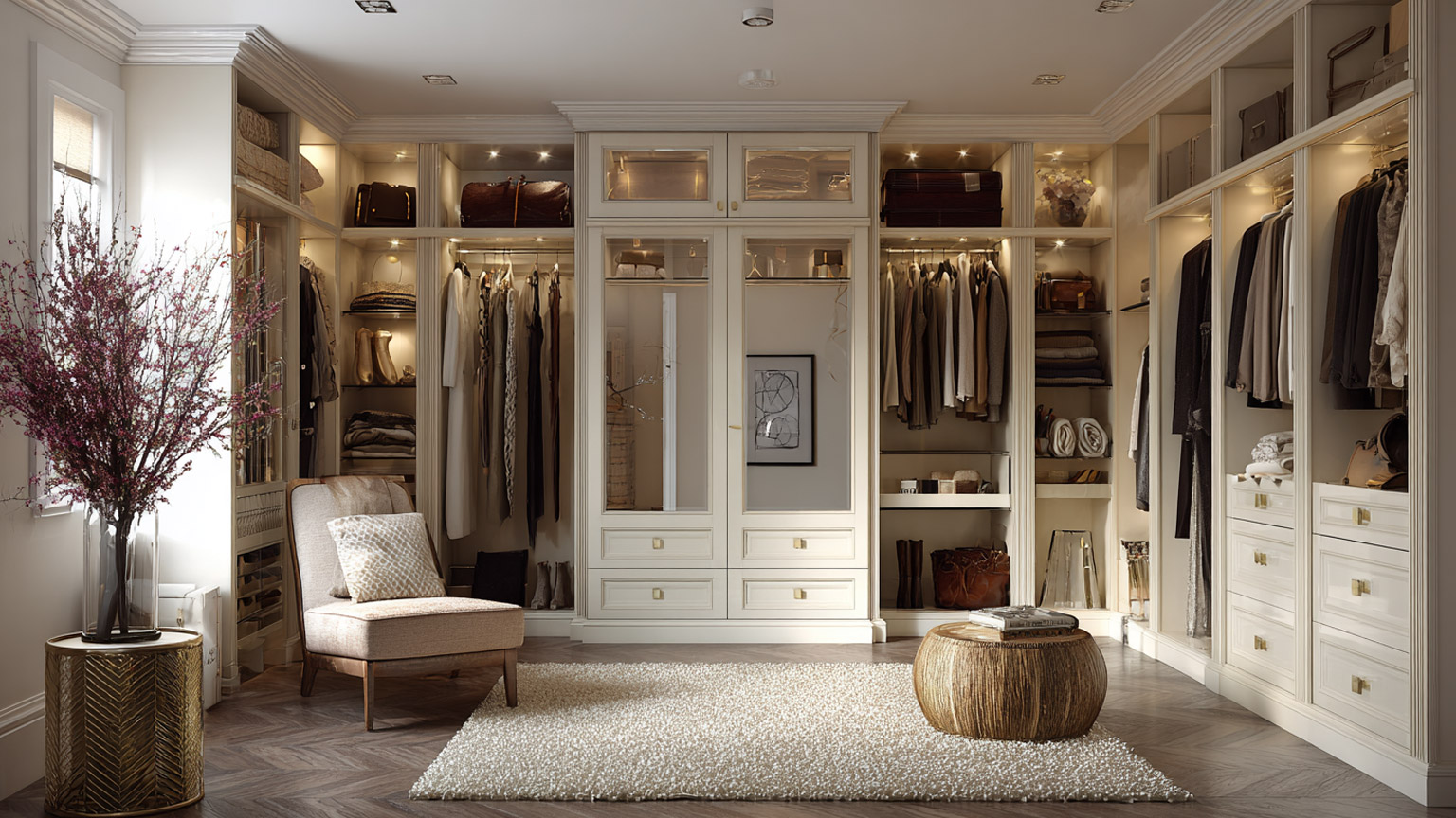 Luxury walk-in closet with cream-colored custom cabinetry, warm lighting, organized clothing storage, plush rug, herringbone wood flooring, and elegant modern decor.