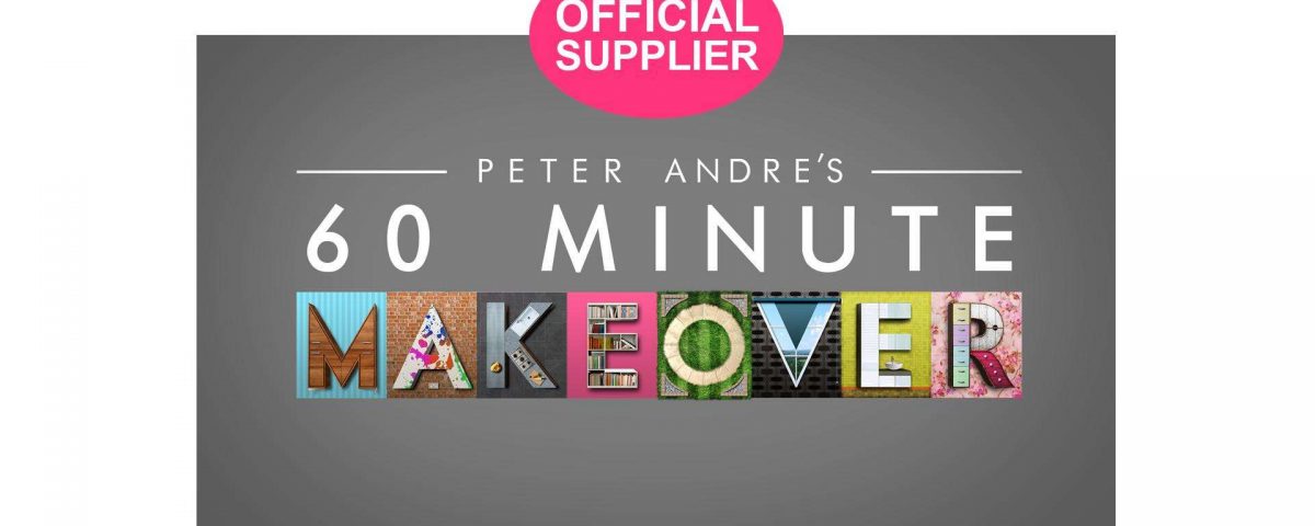 Banner for "Peter Andre's 60 Minute Makeover" featuring colorful, mosaic-style lettering and a "Bespoke Furniture Supplier" badge at the top.