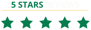 Image displaying "5 Stars Reviews" text in green and white at the top. Below, a yellow line underlines it, with five green stars aligned horizontally underneath, signifying a five-star rating. Perfect for improving SEO or adding to your website's footer.