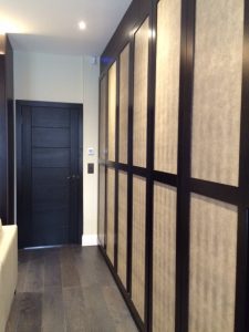 A modern hallway featuring a sleek black hinged door on the left, complemented by large black framed panels with translucent inserts on the right, over a dark wooden floor.