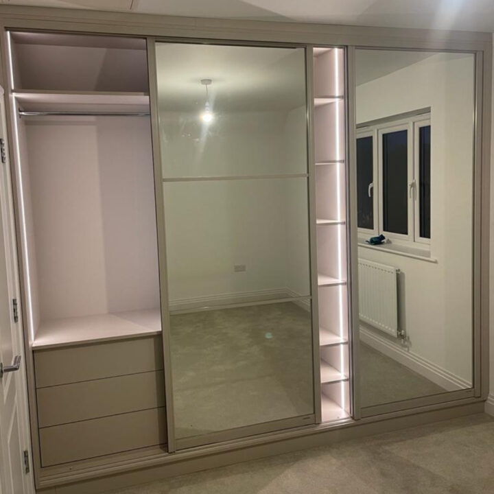Fitted Wardrobe with Built-In Led Lighting and Mirrored Sliding Doors