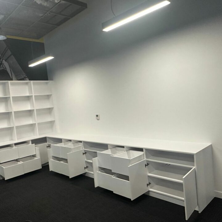 Fitted Board Room Furniture in White Colour showing all the doors and drawer fronts